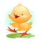 Duckling joyfully strides on a green lawn against a blue sky. Stock vector illustration in cartoon style. Easter card.