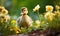 A duckling sitting in the middle of a field of flowers