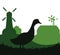 Ducks graze in pasture. Picture silhouette. Farm pets. Domestic poultry. Rural landscape with farmer house. Isolated on