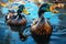 A ducks with oil-covered feathers in waste and plastic-polluted water. Negative impact of human activity, oil spill and plastic