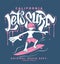 Dude on surfboard and lettering, illustration for t-shirt print.