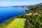 Dudrovnik, Croatia. Aerial view on the football field near sea coast. Sport background. Top view from drone at mountains and sea.