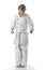 A duduka is standing in a kimano on a white background. Karate is insulated.