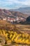 Duernstein village with castle against colorful vineyards during autumn in Wachau, Austria