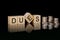 DUES - text on wooden cubes on dark backround with coins. business concept