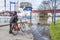Duisburg Germany - January 08 2017 : Bike driver surprised by the river Rhine flooding the promenade