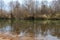 Dull cloudy autumn landscape, river bank and trees reflected in water