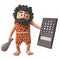 Dumb 3d caveman character holding a digital calculator upside down, 3d illustration