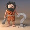 Dumb 3d prehistoric caveman character carves a question mark symbol in rock, 3d illustration