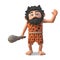 Dumb cartoon 3d caveman in animal pet waving hello and carrying a barbaric club, 3d illustration