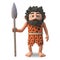 Dumb caveman 3d cartoon character standing still with primitive spear to hand, 3d illustration
