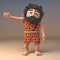 Dumb caveman savage character in animal pelt signals a right turn without being in a vehicle, 3d illustration