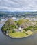 Dumbarton castle building on volcanic rock aerial view from above Scotland