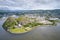 Dumbarton castle building on volcanic rock aerial view from above Scotland