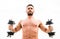 Dumbbell exercise gym. Muscular man exercising with dumbbell. Price of greatness is responsibility. Sportsman with
