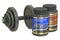 Dumbbell and jars of protein