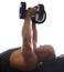 Dumbbell, man and fitness with arm strength, power and muscle exercise for health and wellness. White background, studio