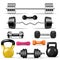 Dumbbell vector fitness gym weight equipment dumb-bells kettlebell illustration bodybuilding set of heavy barbell sport