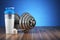 Dumbbell and whey protein shaker. Sports bodybuilding supplement