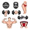 Dumbbells, Bodybuilder, Fitness body, Weigth Kettlebell. Fitness gym icons. Vector.