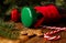 Dumbbells in a Christmas stocking. Gym holiday composition.