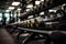 Dumbbells on dumbbell rack in the gym, fitness, weight training, health, bodybuilding concept, close up, no people. Generative AI