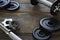 Dumbbells gymnastic on a wooden background 3