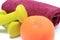Dumbbells, towel for using in fitness and fresh fruit
