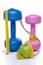 Dumbells and an apple with a tape measure
