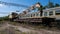 Dump abandoned rusty trains and crane near Chernobyl nuclear power plant