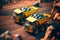 Dump truck for heavy industry mining. Ore or coal mining site with huge yellow vehicles. Industrial transport. Generated