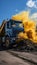 A dump truck unloads soil and dirt on to the ground, construction picture