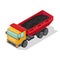 Dump truck with yellow cabin and red body delivering black material. Heavy dumper, lorry.