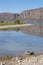 A dumped auto tire in a park lake