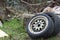 Dumped car tyres. Fly-tipping old tyre waste and rubber recycling