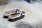 Dumper trucks waiting to be loaded on ore mine open pit mine