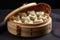 dumplings in bamboo steamer basket