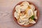 Dumplings, filled with beef meat and served with fried onion. Varenyky, vareniki, pierogi, pyrohy. Dumplings with filling.