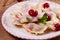 Dumplings, filled with cherries. Varenyky, vareniki, pierogi, pyrohy - popular dish in East Europe