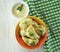Dumplings parsley sauce plate flour kitchen onion traditional fork appetizer homemade napkin lunch on a white wooden delicious