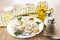 Dumplings in plate, mayonnaise, mustard, ketchup, spices and for