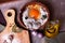 Dumplings ravioli, frozen egg, hand modeling, kitchen garlic, board, flax, bay leaves on top, a beautiful still-life