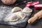 Dumplings raw on a wooden board. Traditional homemade food. The
