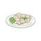 Dumplings ready dish on plate with vegetables vector illustration isolated.