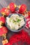 Dumplings, red envelopes and lantern decorations in Chinese festivals. The Chinese characters in the picture mean `happiness` and