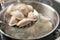 Dumplings on skimmer over stewpan with boiling water. Home cooking