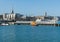 Dun Laoghaire harbour and R.N.L.I. lifeboat on the coast of County Wicklow in Ireland on a calm spring morning