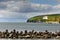 Dunbeath harbor and castle on cliff, Scotland.