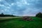 Dung heap on green meadow with cloudy sky