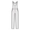 Dungaree Denim overall jumpsuit technical fashion illustration with full floor length, normal waist, high rise, pockets